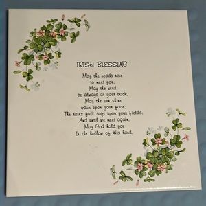 IRISH BLESSING Tile Trivet Shamrocks pink flowers, cork back Large 7 3/4” Square